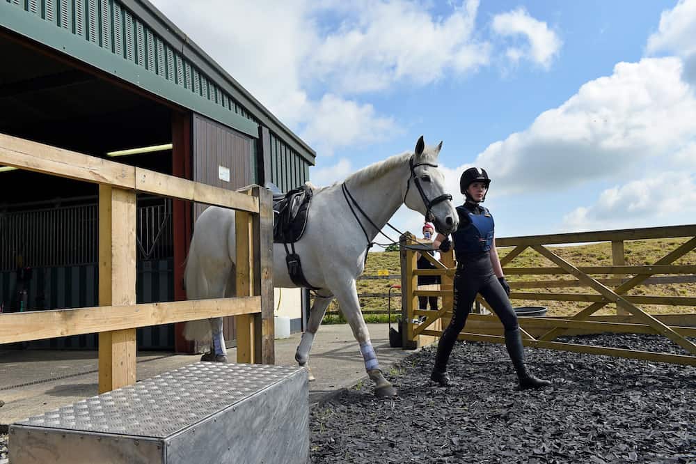 Learner leading a horse out of the stables
