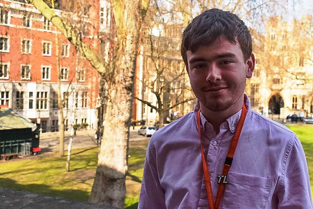 Student Liam Early in front of Westminster