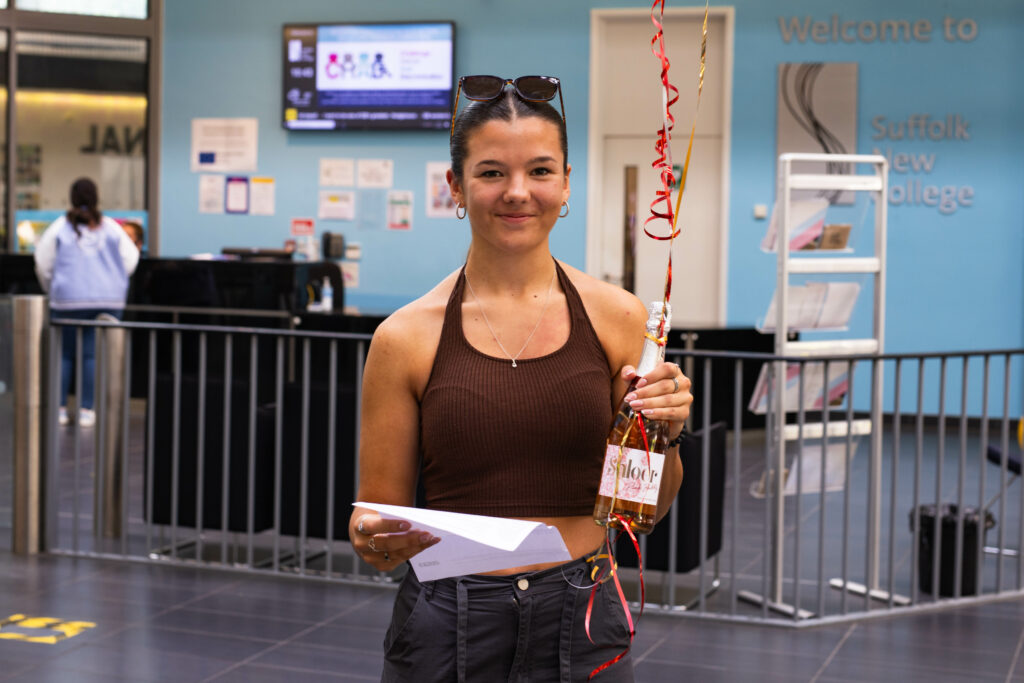 Aimee Stephenson posing for photo after receiving t level results