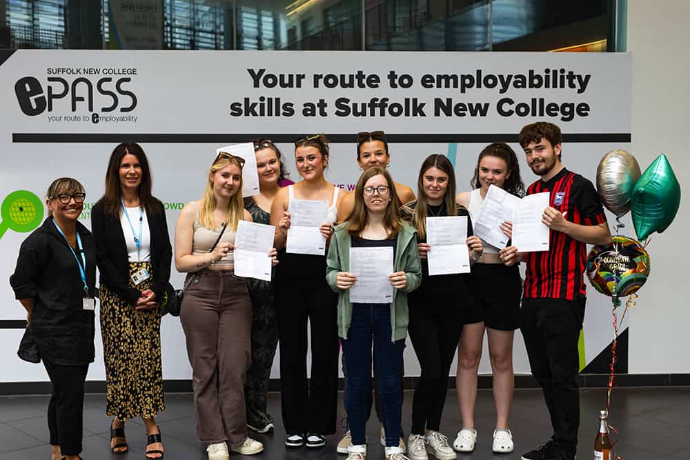 Suffolk New College staff and students pose after t level results