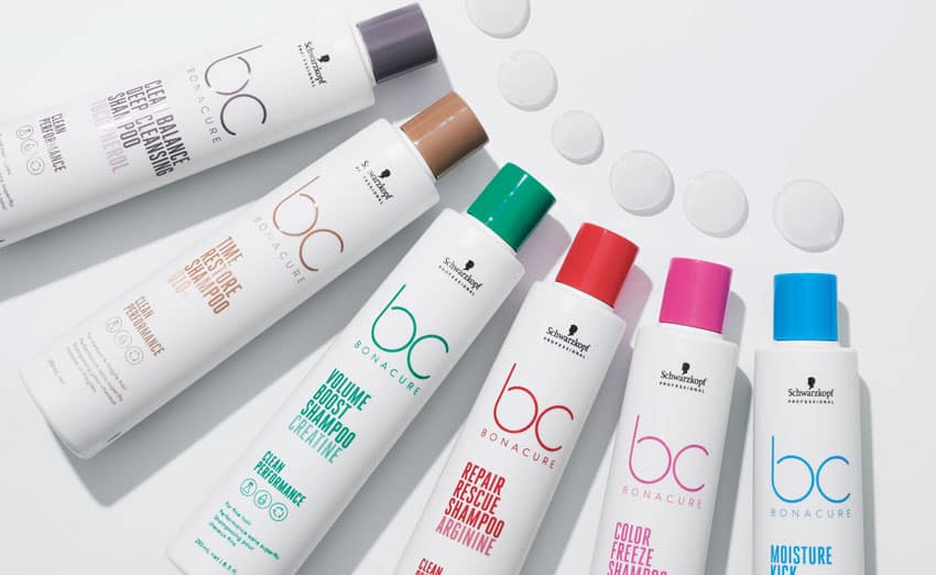 Bonacure hair products lined up on a table.