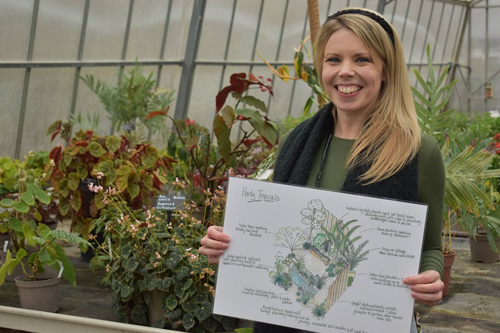 Learner with artwork in greenhouse